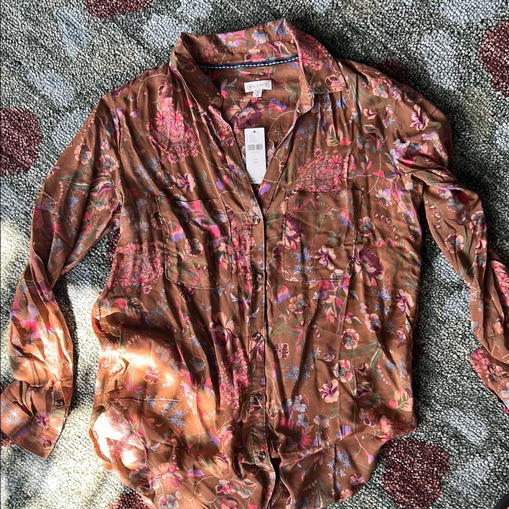 Pilcro anthro button up top, brown floral, NWT
